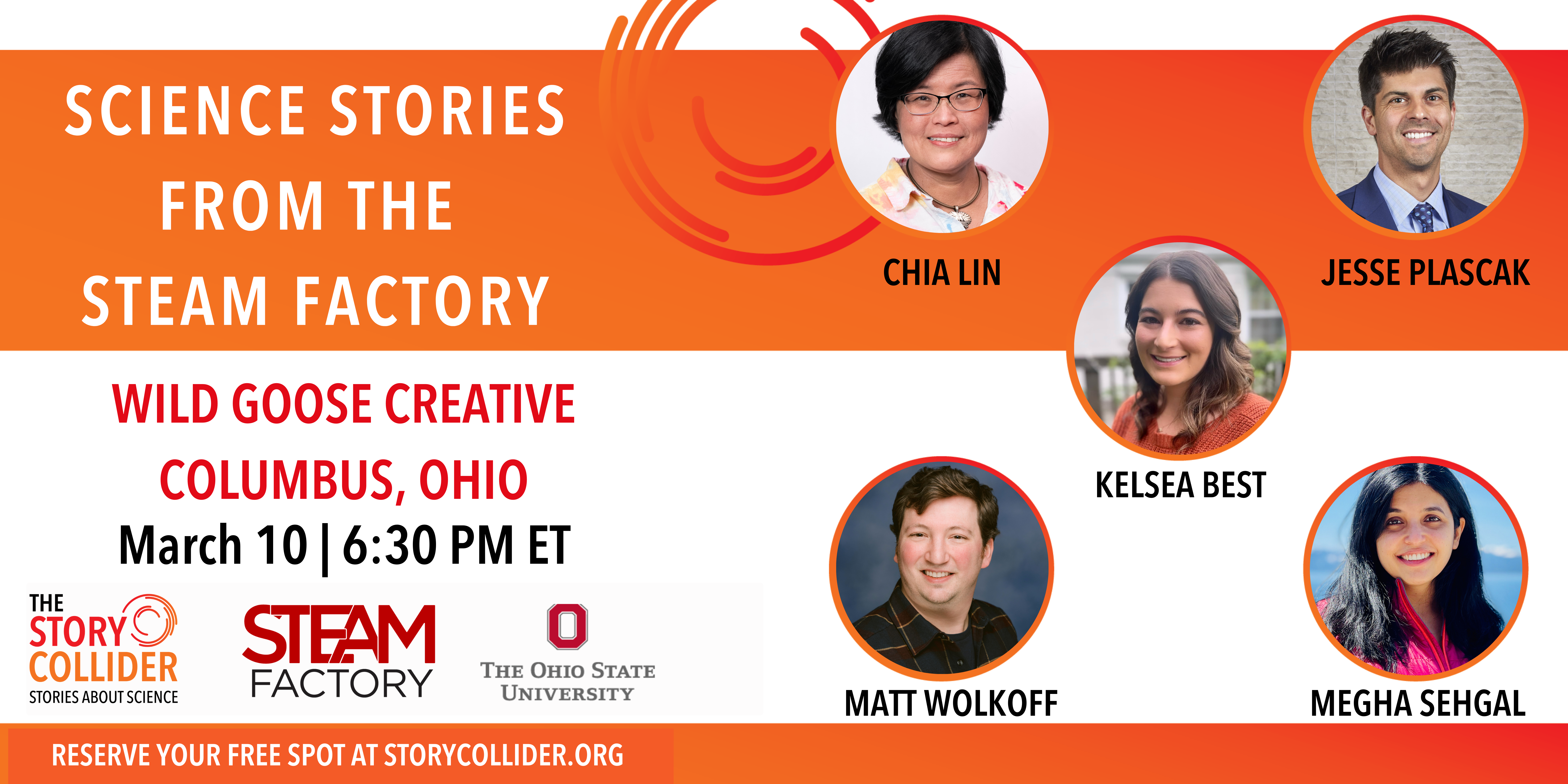 Orange and white background with headshots of the five STEAM STory Fellows to be featured in the live show.