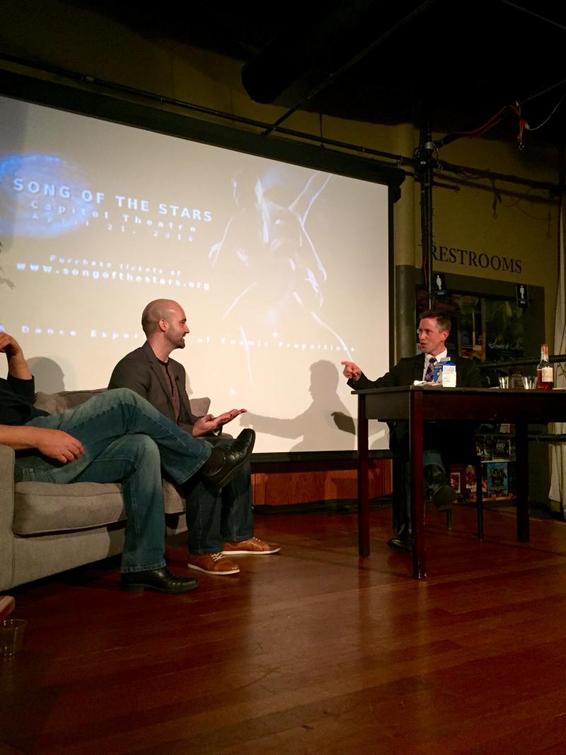 Paul sitting at the Not so late show