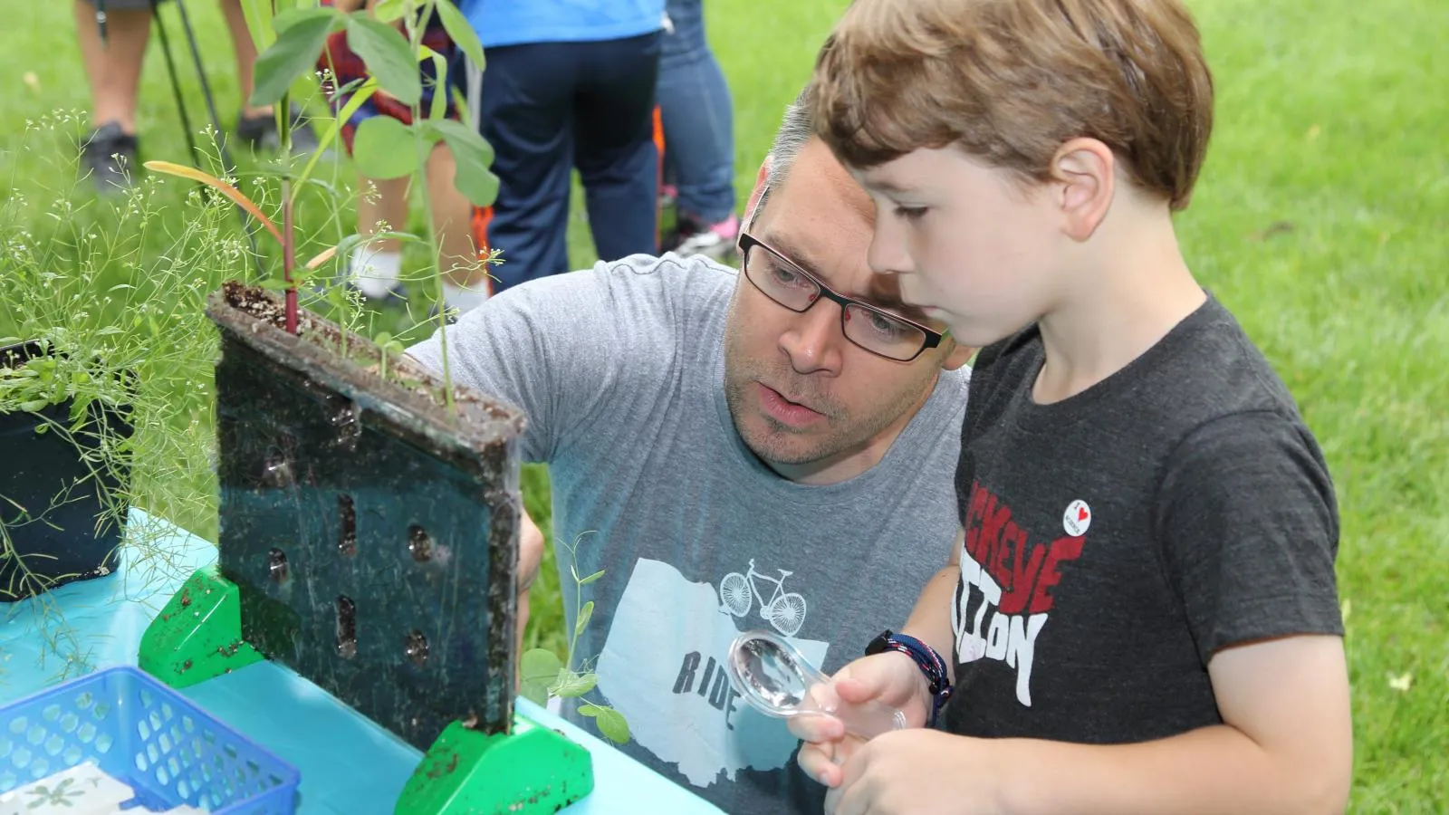 an adult and a child examining plants growing from a transparent planter