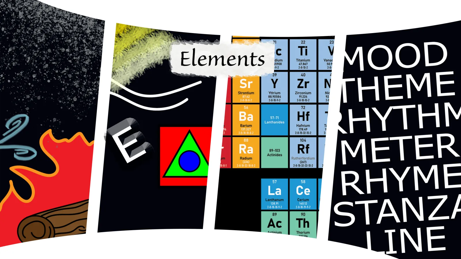 event banner displaying four kinds of elements: nature, art, chemical and poetic