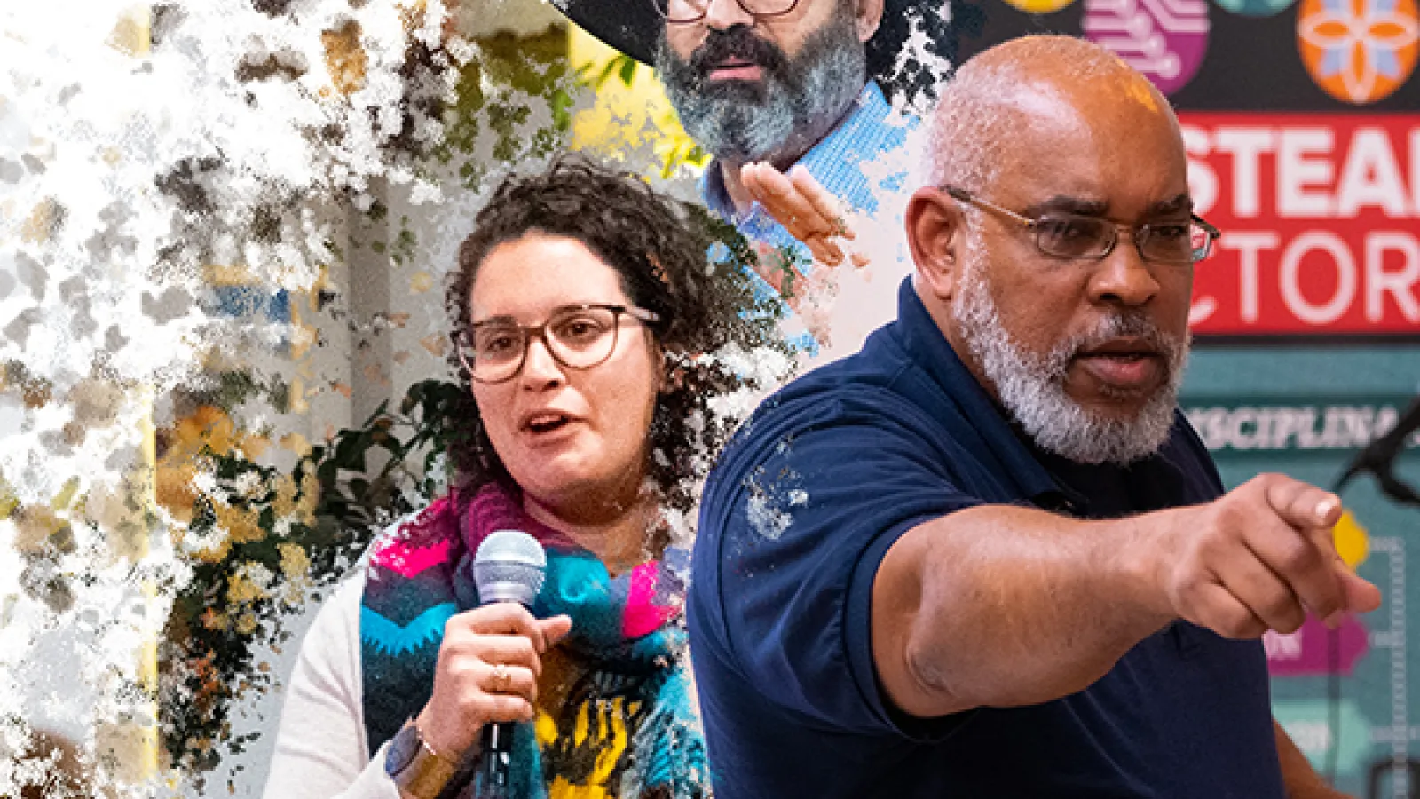 two men and a woman in a collage, one pointing determined, another gripping a mic, the third with palm up in the background 