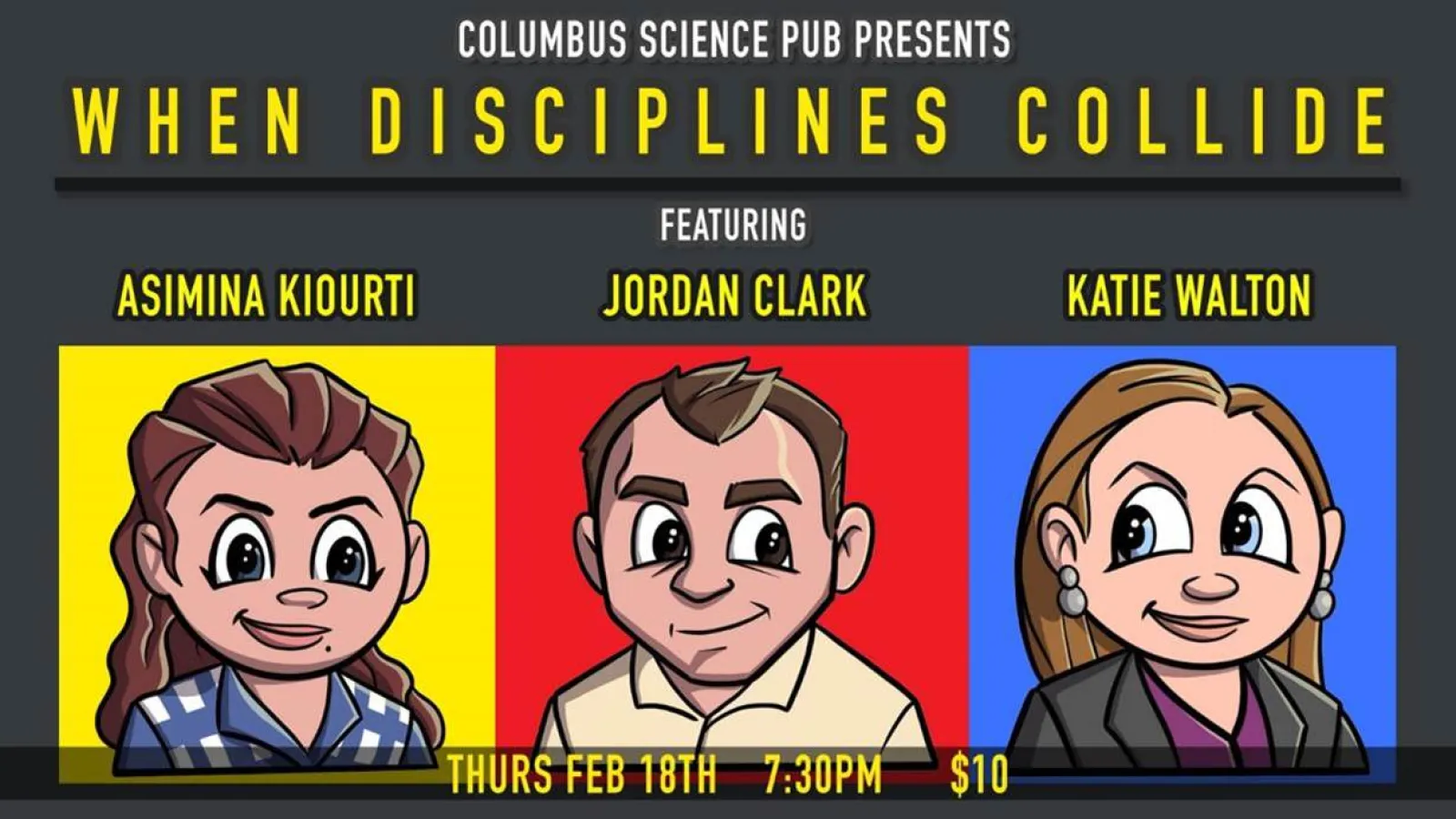 event banner with cartoon illustrations of the three speakers