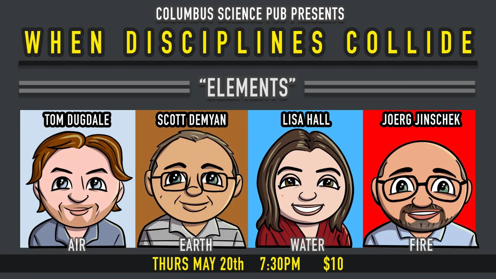 Cartoon illustrations of the four speakers on an info flyer