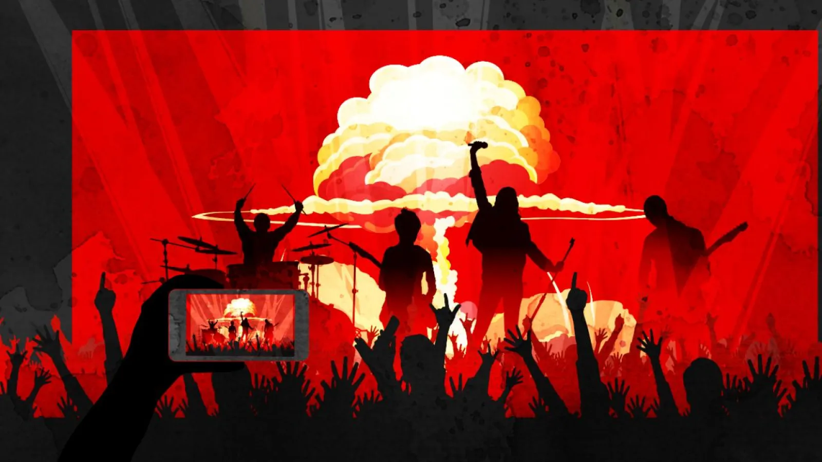 illustration of a concert; the band is on stage with an explosion behind them, someone in the audience is filming with their smartphone