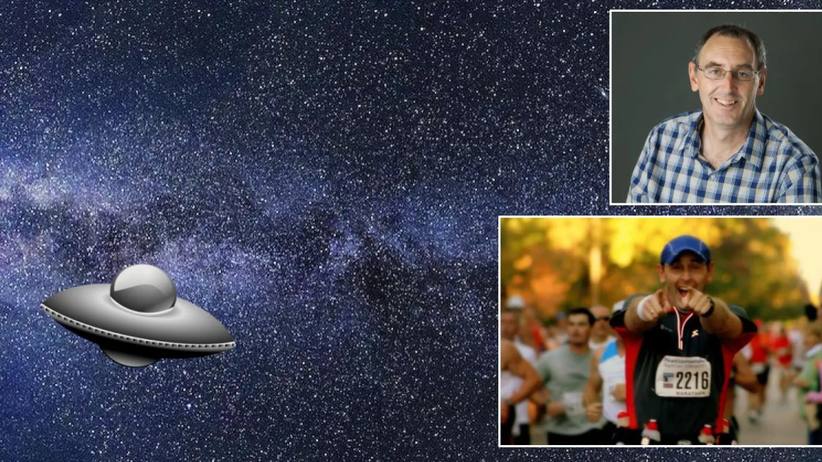 A graphic including three pictures, one of a UFO in space, and two of Dr. Stephan Frank.