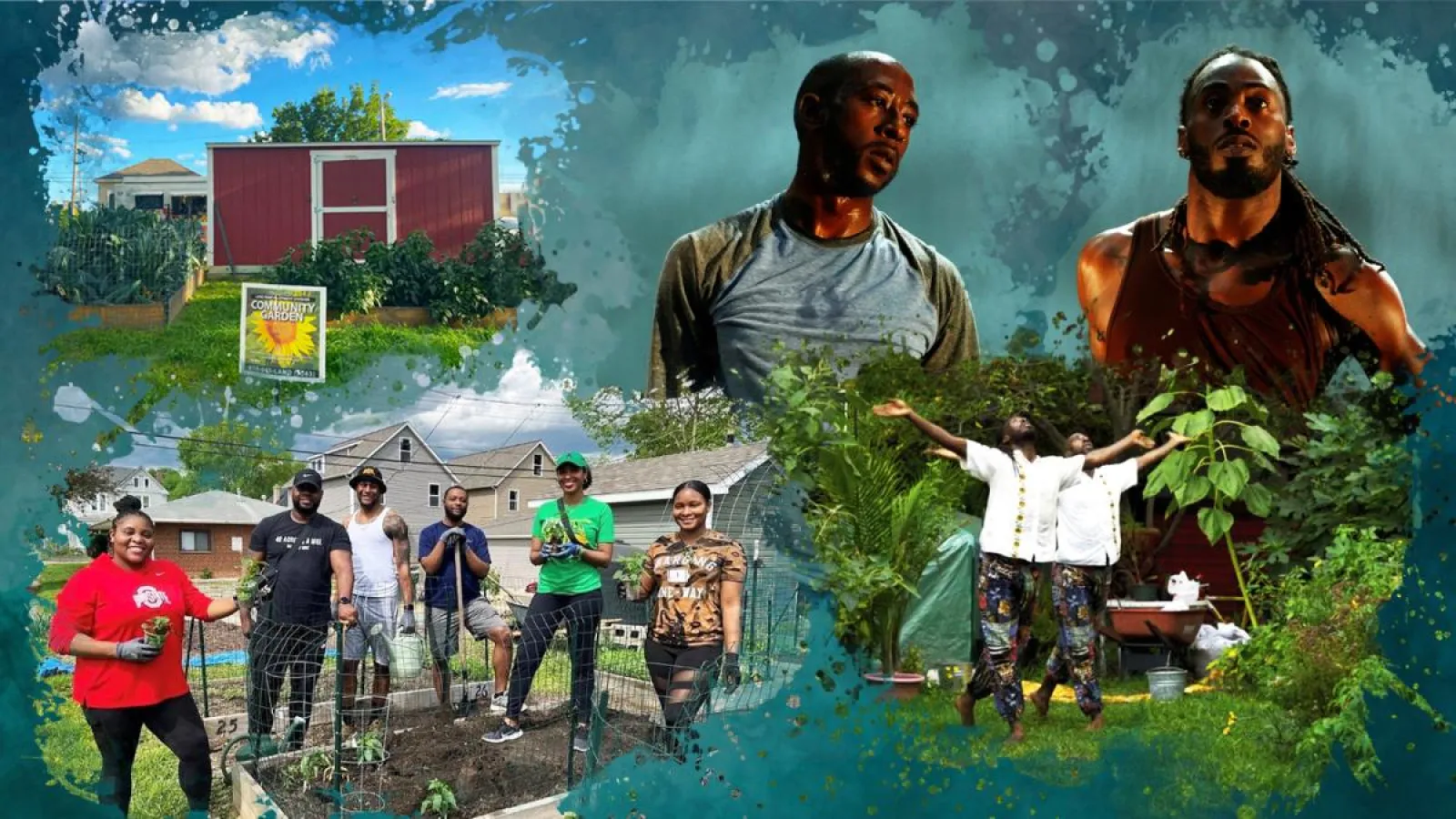 Graphic showcasing photos of people gardening and planting for Earth Day