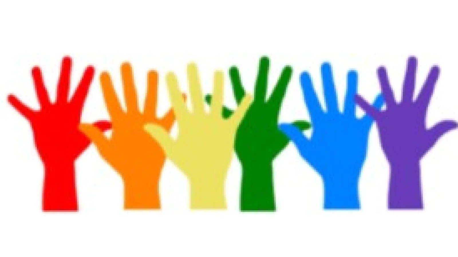 6 hands of various rainbow colors reaching up