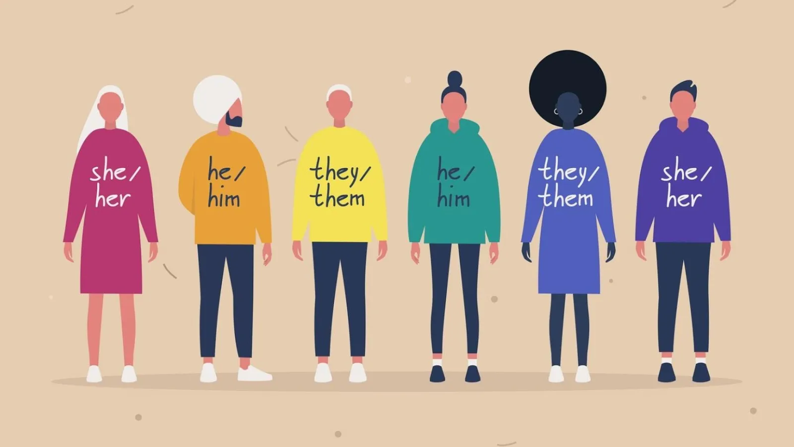 Graphic showcasing various people with differing preferred pronouns