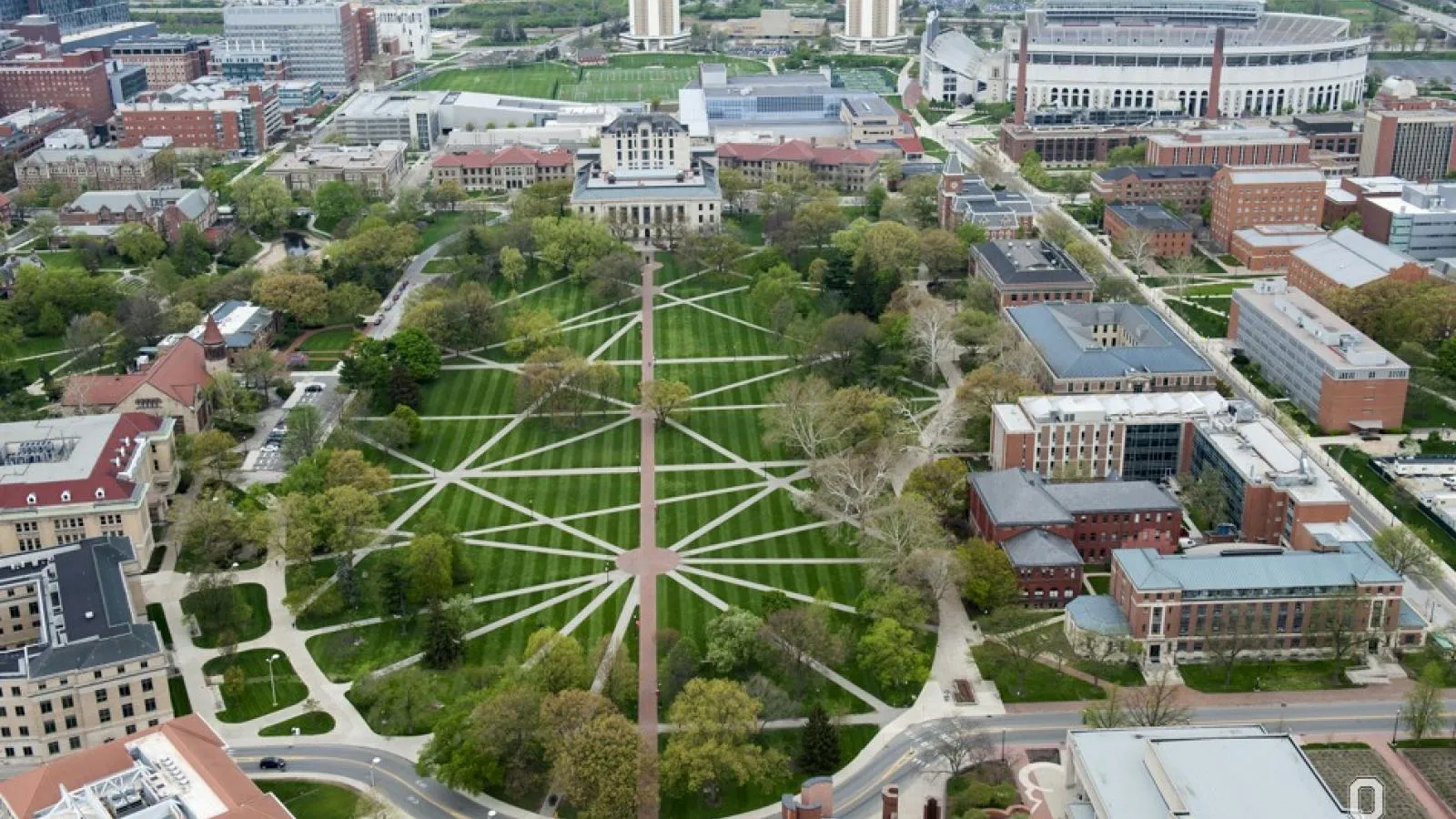 An aerial view of the central park at Ohio State University