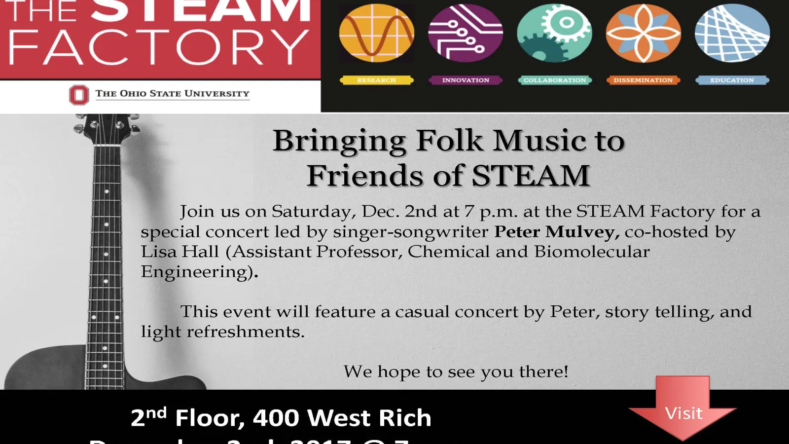Flyer of Peter Mulvey concert at STEAM Factory