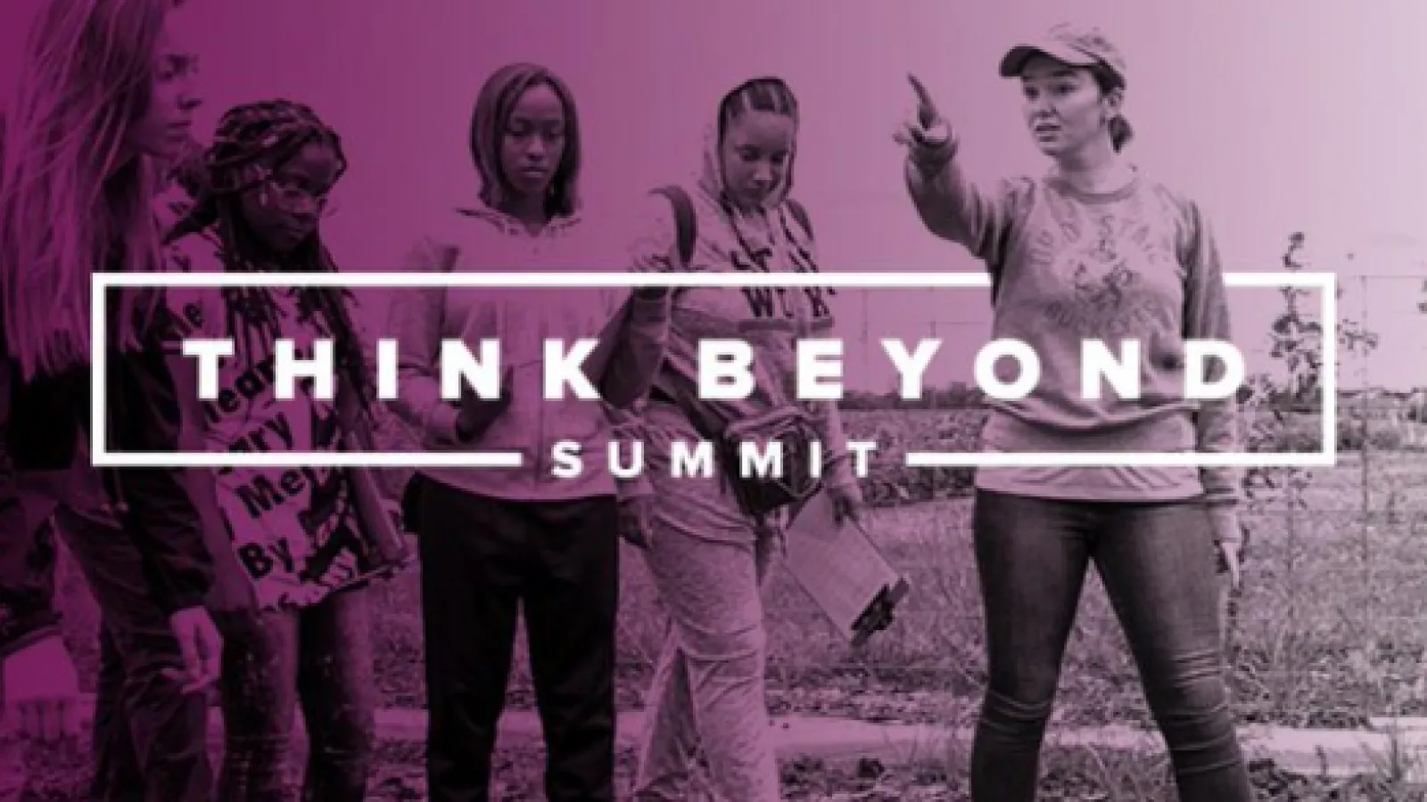 Think Beyond Summit banner displaying a woman pointing a group of four other women towards an unknown object