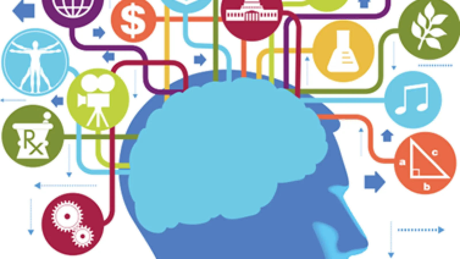 Image of a head with icons representing many different disciplines