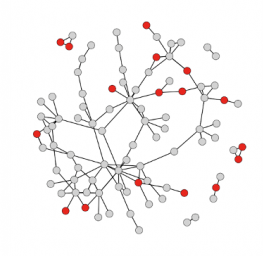 A figure of connected nodes representing the state of STEAM Factory's network as of 2017, highlighting new members in red.  