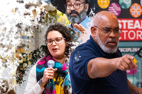 two men and a woman in a collage, one pointing determined, another gripping a mic, the third with palm up in the background