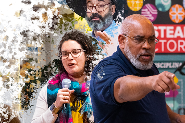 two men and a woman in a collage, one pointing determined, another gripping a mic, the third with palm up in the background 