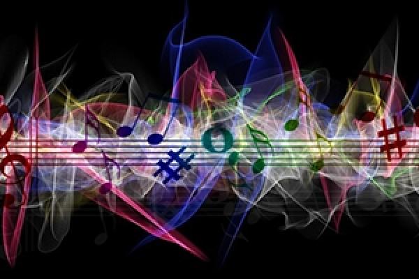 musical notes on a colorful abstract backdrop