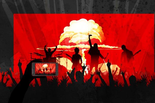 illustration of a concert; the band is on stage with an explosion behind them, someone in the audience is filming with their smartphone