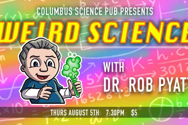 Event banner with cartoon illustration of Rob Pyatt holding a smoking, green test tube