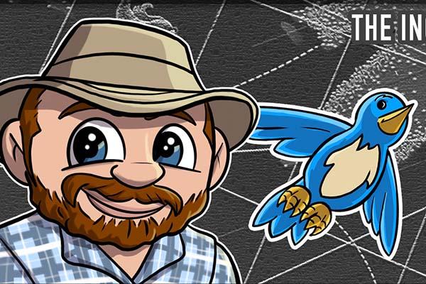 Cartoon illustration of Dr. Chris Tonra and a blue bird