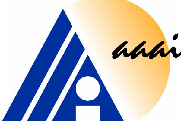 AAAI's logo featuring a triangle, with two diagonal lines running through it and the figure of a person inside, eclipsing a fading semi-circle dawning a script AAAI