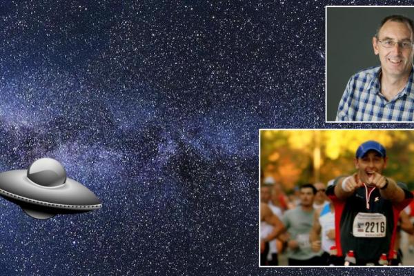 A graphic including three pictures, one of a UFO in space, and two of Dr. Stephan Frank.