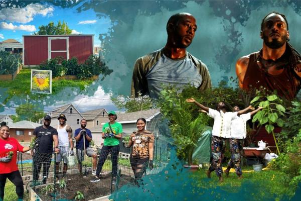 Graphic showcasing photos of people gardening and planting for Earth Day