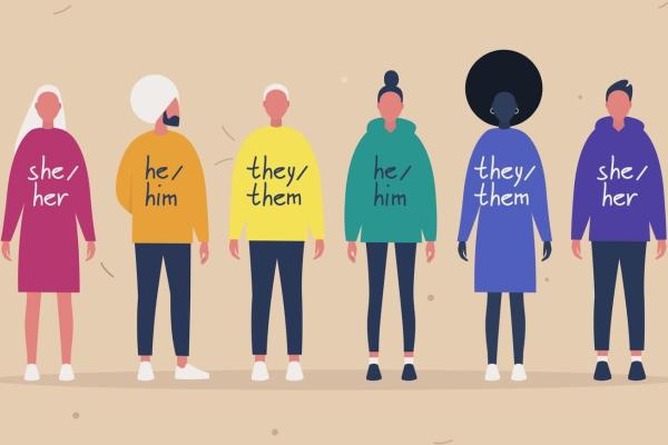 Graphic showcasing various people with differing preferred pronouns