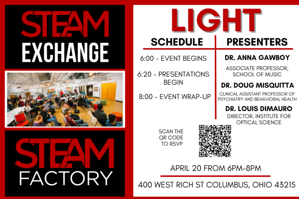 Flyer advertising the April 20th STEAM Exchange on Light, details in the event description