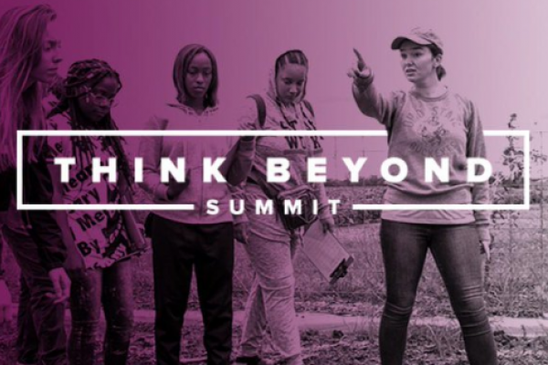 ThinkBeyond Think Beyond Summit banner displaying a woman pointing a group of four other women towards an unknown object