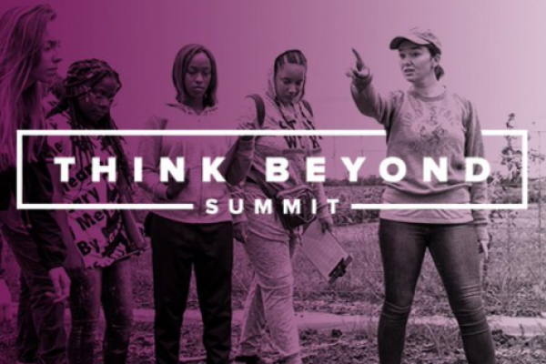 Think Beyond Summit banner displaying a woman pointing a group of four other women towards an unknown object