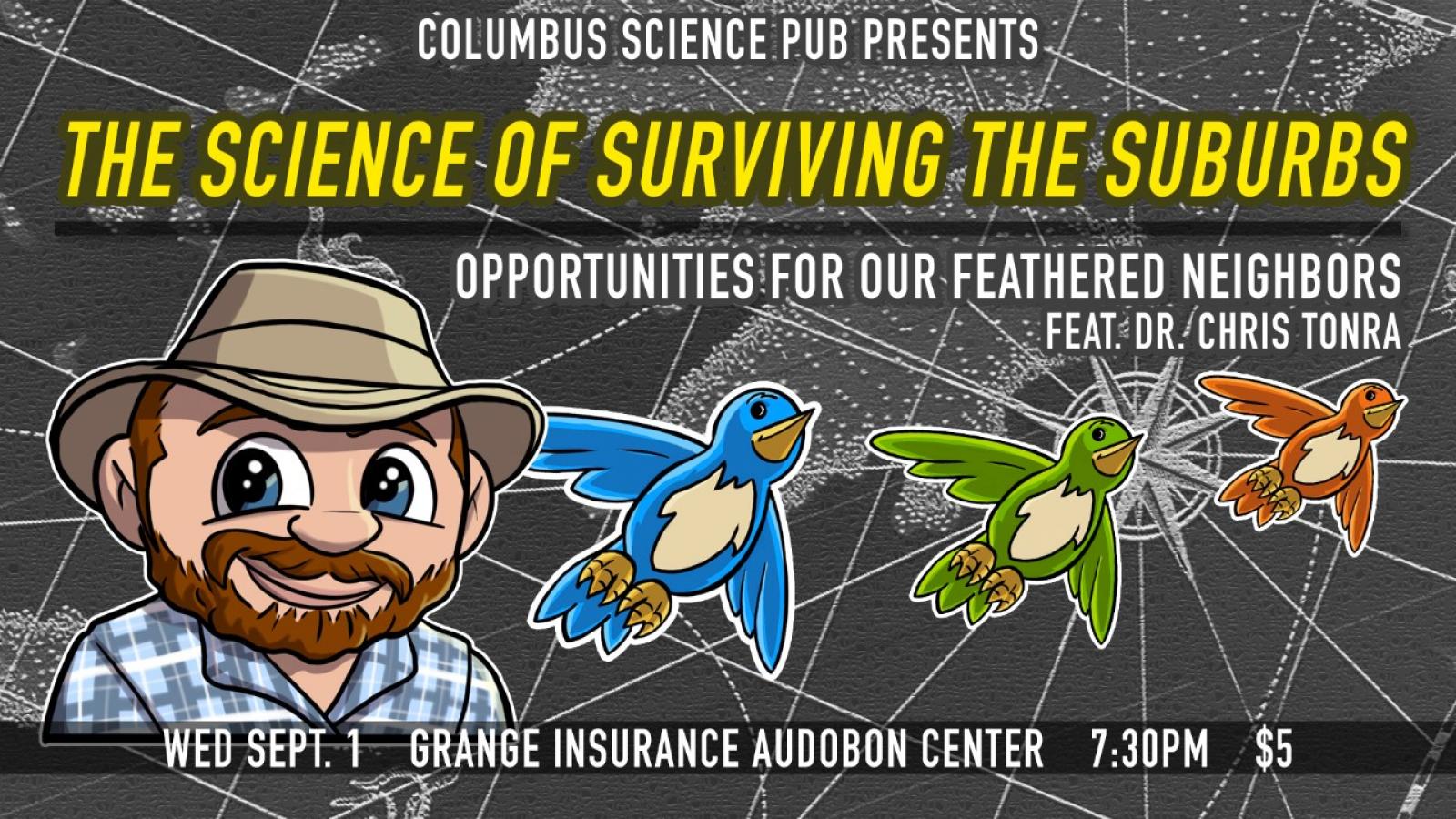 event banner featuring a cartoon illustration of Dr. Chris Tonra and three birds