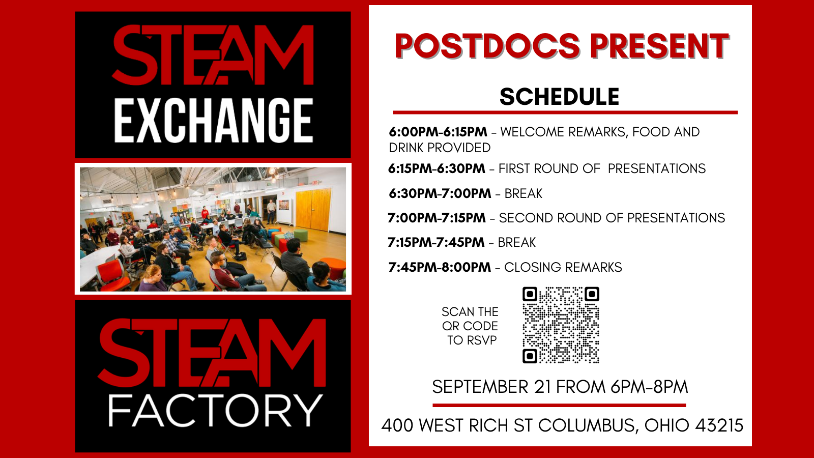 Flyer advertising STEAM Exchange: Postdocs Present. Event details in article below.