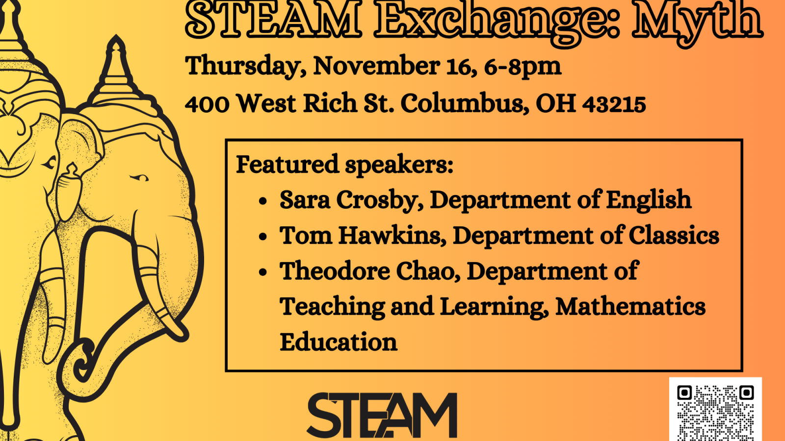 Flyer for STEAM Exchange: Myth, event information in article below